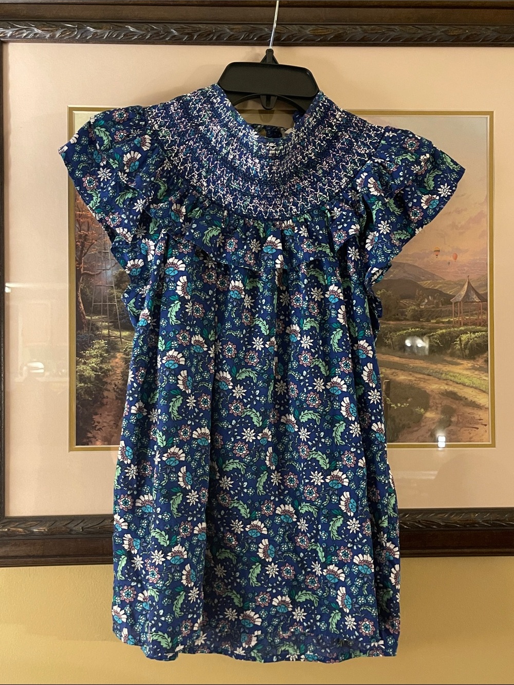 LOFT Navy Floral Smocked Neck Flutter Sleeve Blouse